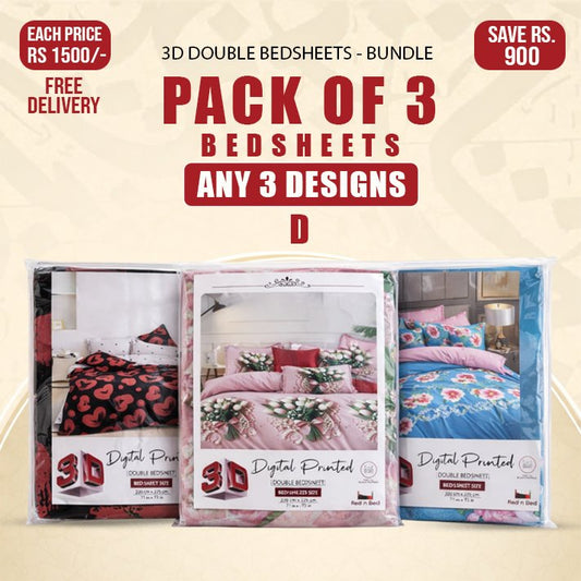 3 Pcs 3D Bedsheet (D) - Double
