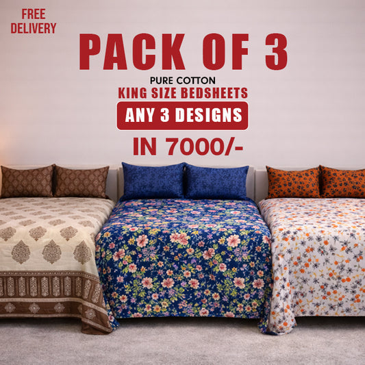 Pack of 3 Pure Cotton Bedsheet - King